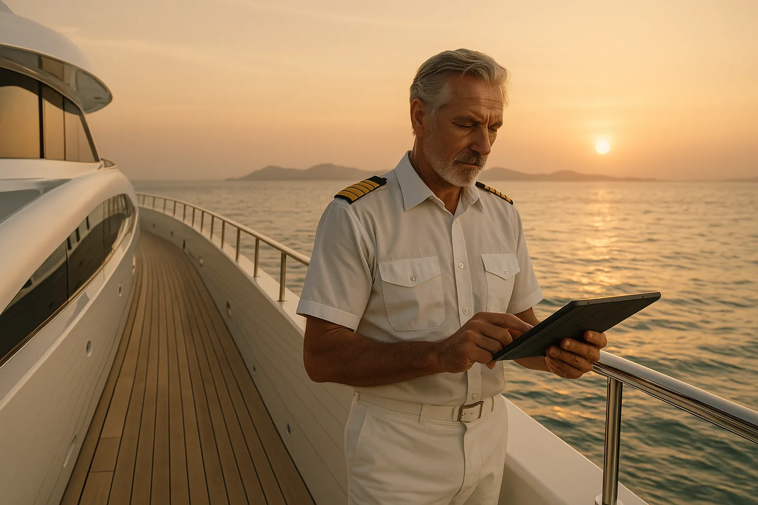 Licensed captain on the deck of a yacht at the Port of Cannes at sunset